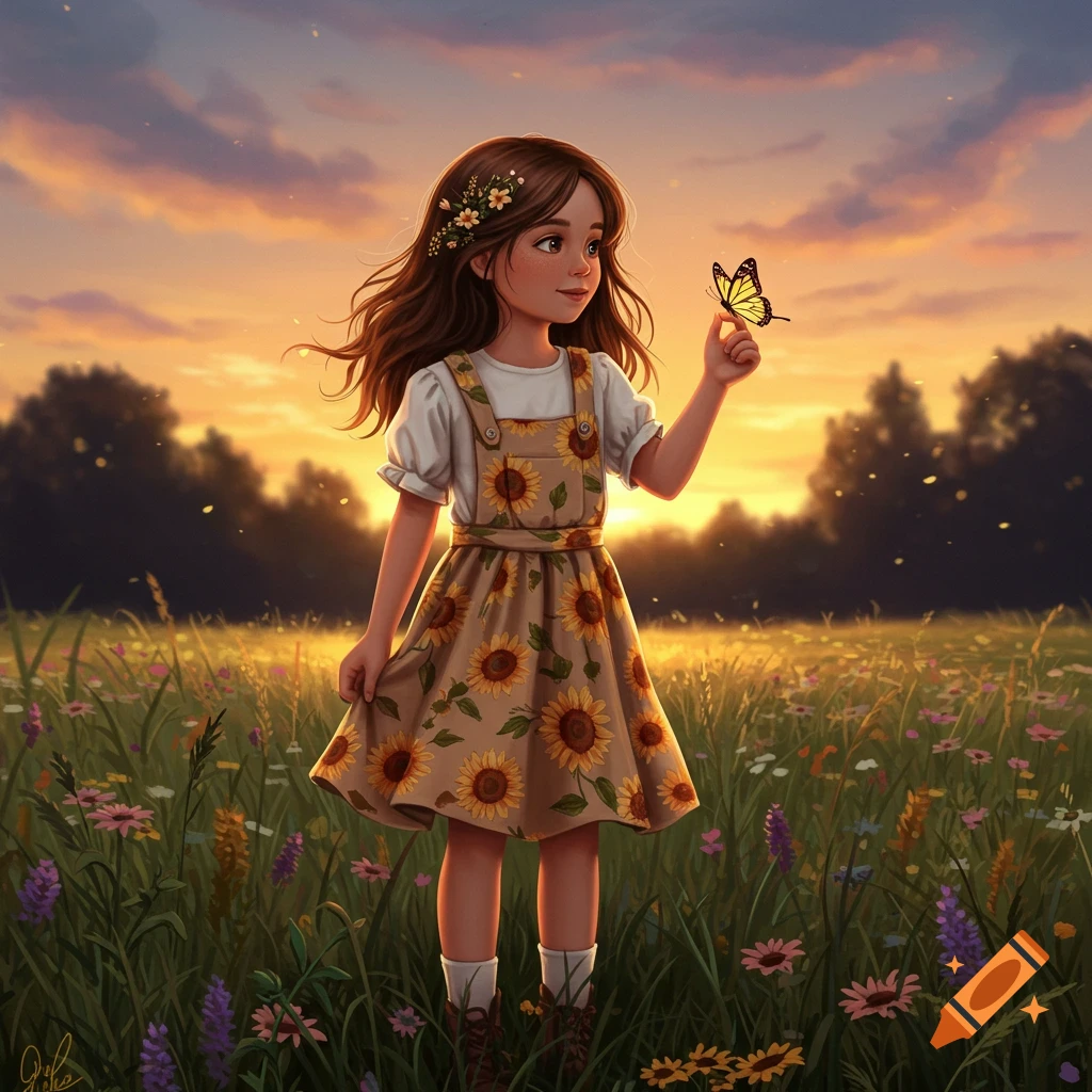 A girl with a sunflower dress stands in a field of wildflowers at sunset, with a yellow butterfly on her finger. Illustrative style.