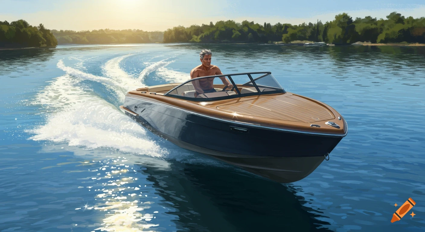 A shirtless middle-aged man with salt and pepper hair steers a classic speedboat on a sunny lake, leaving a white wake. The image is rendered in a digital painting style.
