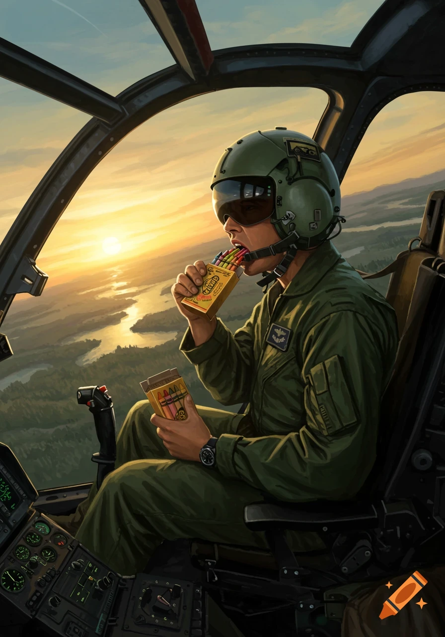A detailed illustration of a US marine pilot in a helicopter cockpit, eating crayons from a box while flying over a sunset landscape.