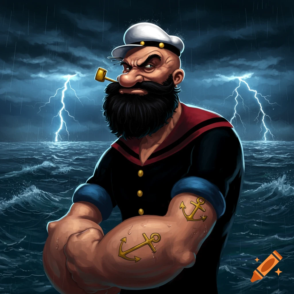 Popeye the Sailor with a black beard and uniform stands defiantly on a stormy sea under lightning.