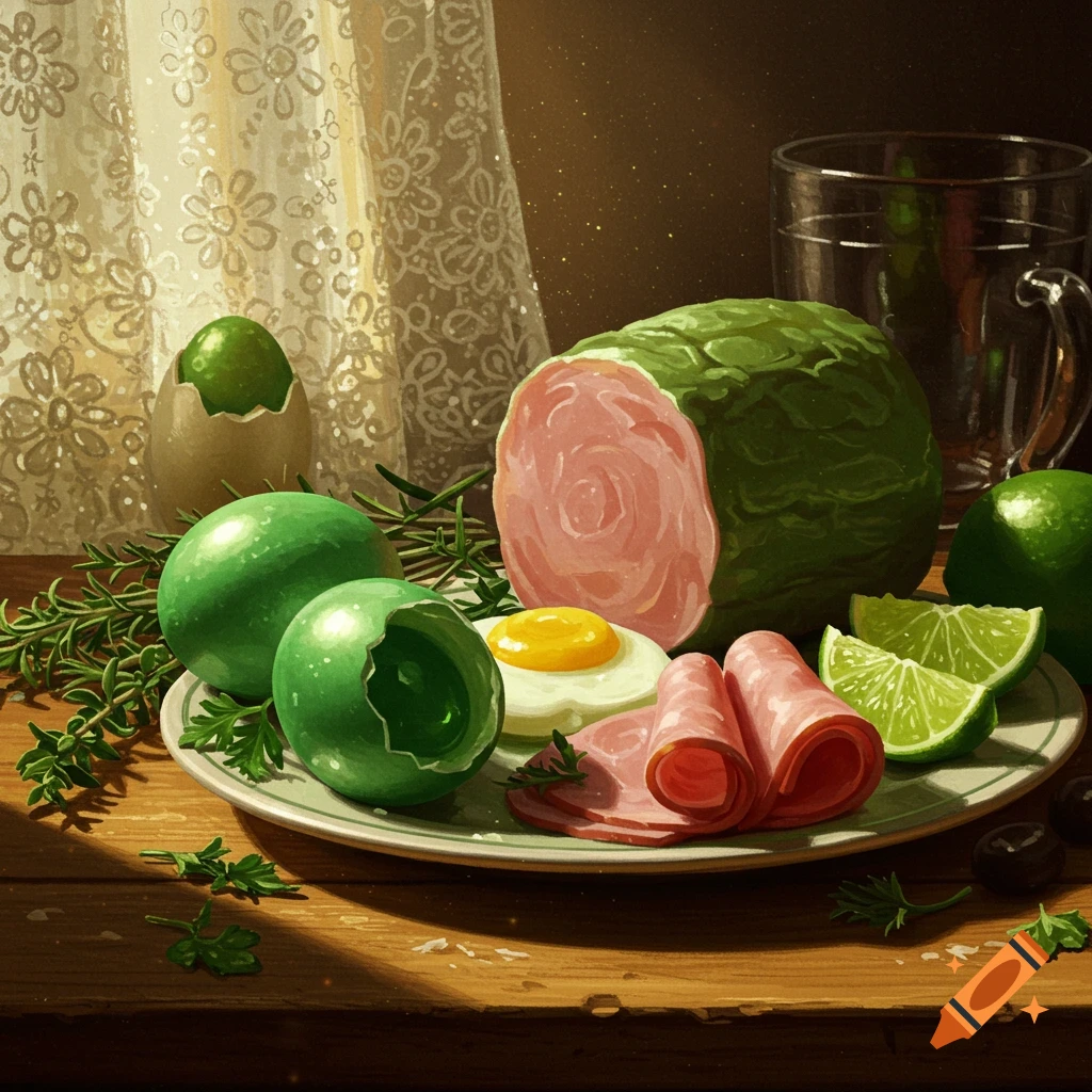 A still life painting of a bizarre green ham with a pink interior, green spherical eggs, a fried egg, limes, and rosemary on a plate, set on a wooden table near a window with a lace curtain.