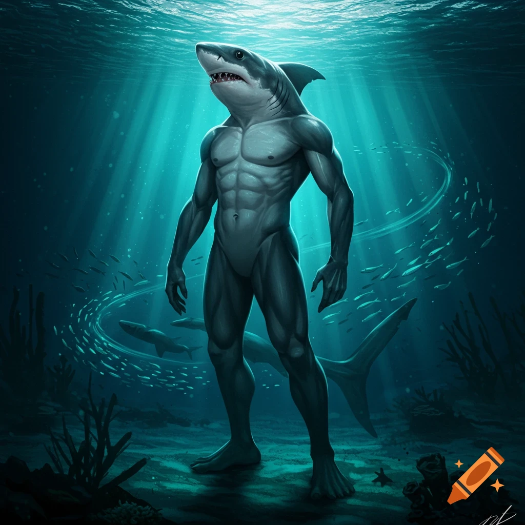 A muscular humanoid great white shark stands on the ocean floor, bathed in sunbeams filtering through the water.