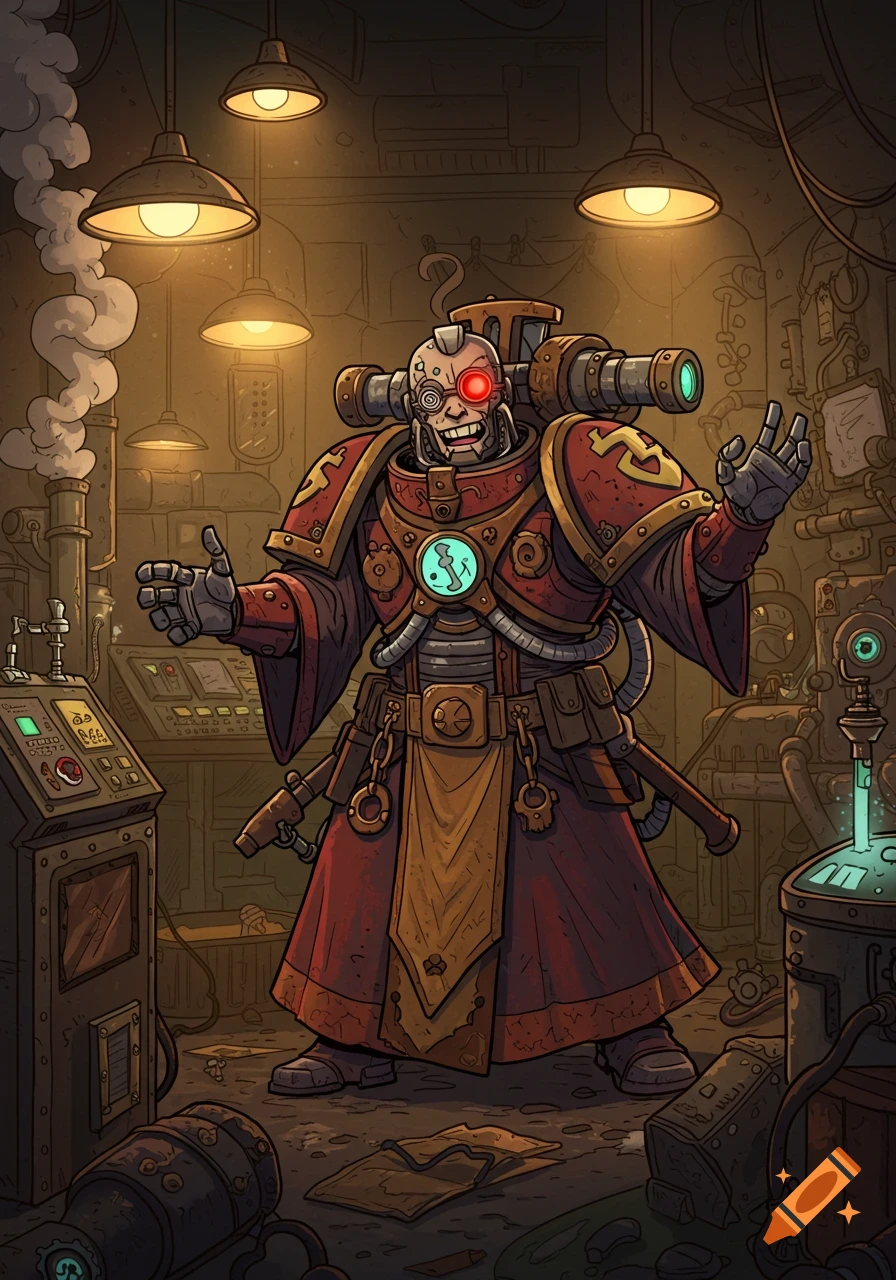 A cartoon Adeptus Mechanicus character with robotic parts, red robes, and glowing red eye stands in a cluttered workshop, gesturing with open hands.