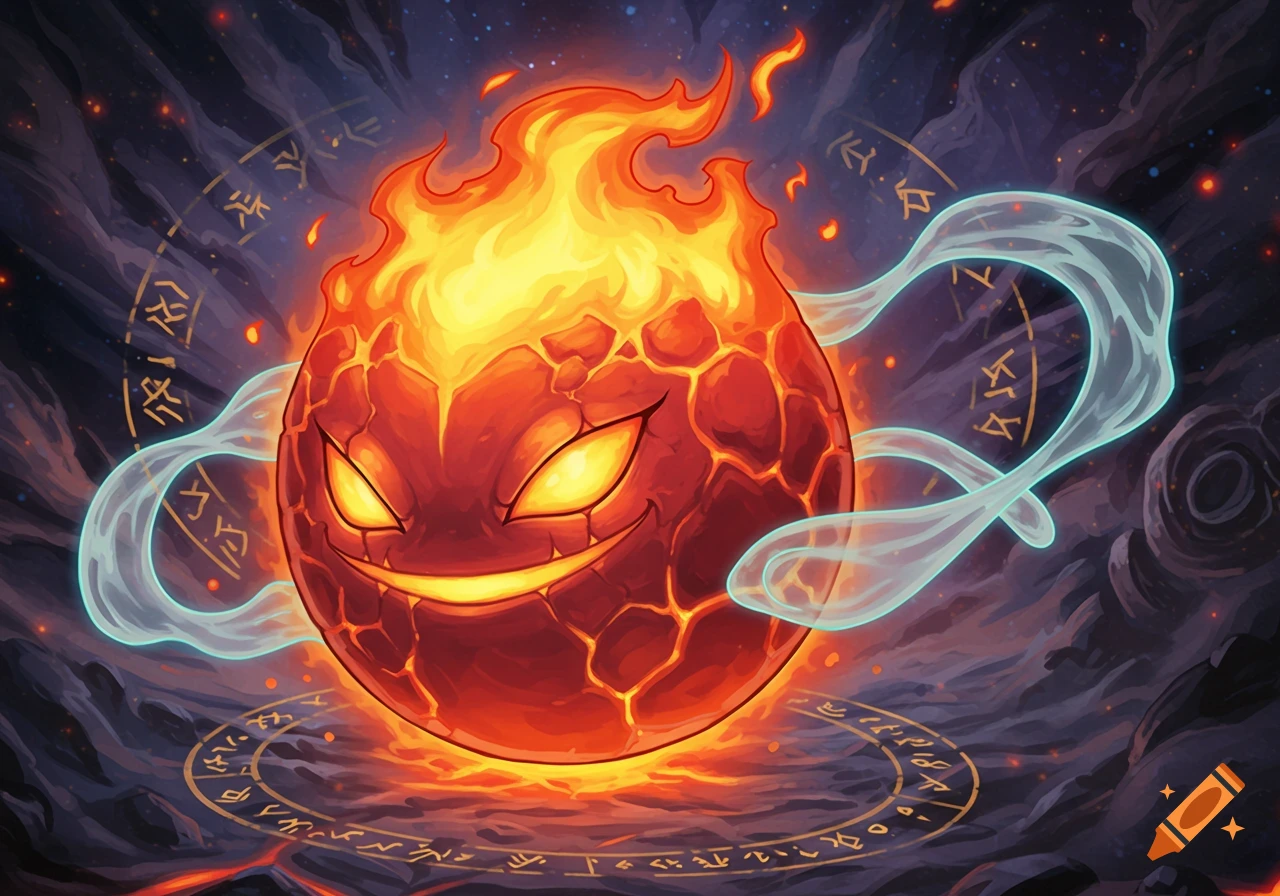 A fiery red and orange orb creature with glowing yellow eyes and a sly smile, surrounded by swirling blue smoke and golden magical runes, in a dark fantasy setting.