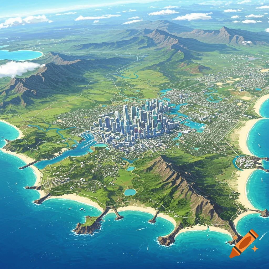An aerial view of a sprawling island city with towering skyscrapers, lush green mountains, beaches, and clear blue water.