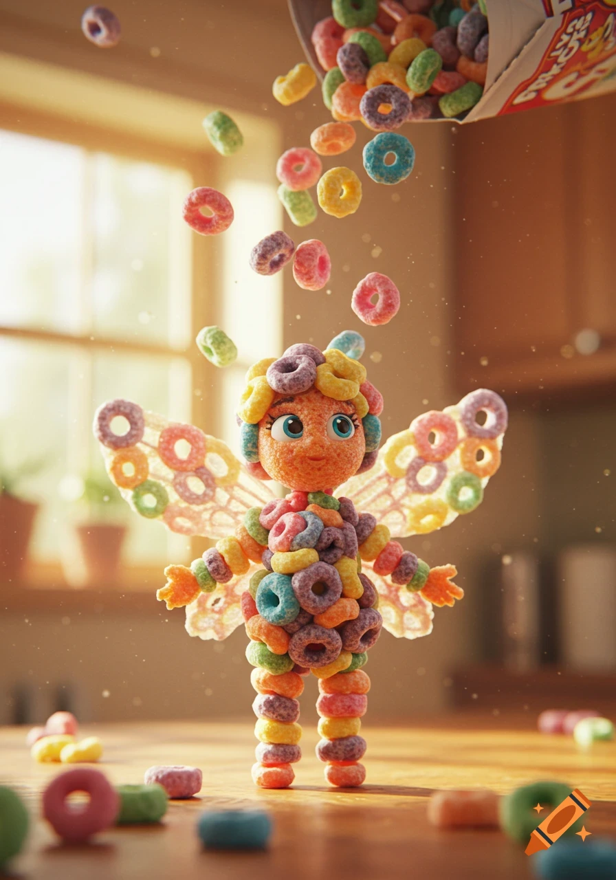 A whimsical fairy-like character made entirely of colorful cereal hoops stands on a wooden table as more cereal pours from a box above.