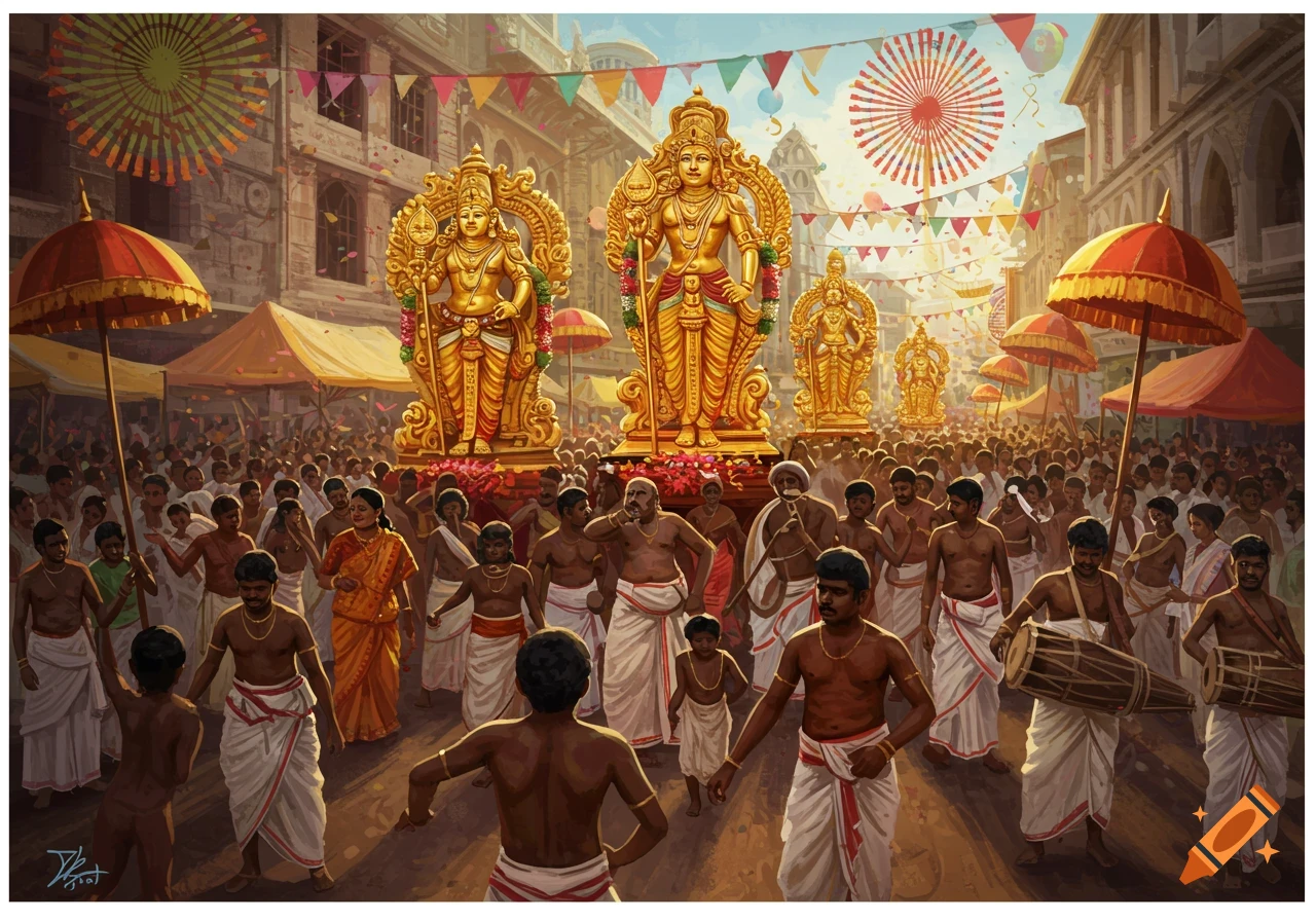 A vibrant painting shows a large crowd of people parading golden Lord Murugan idols through a festive street, with flags and banners.