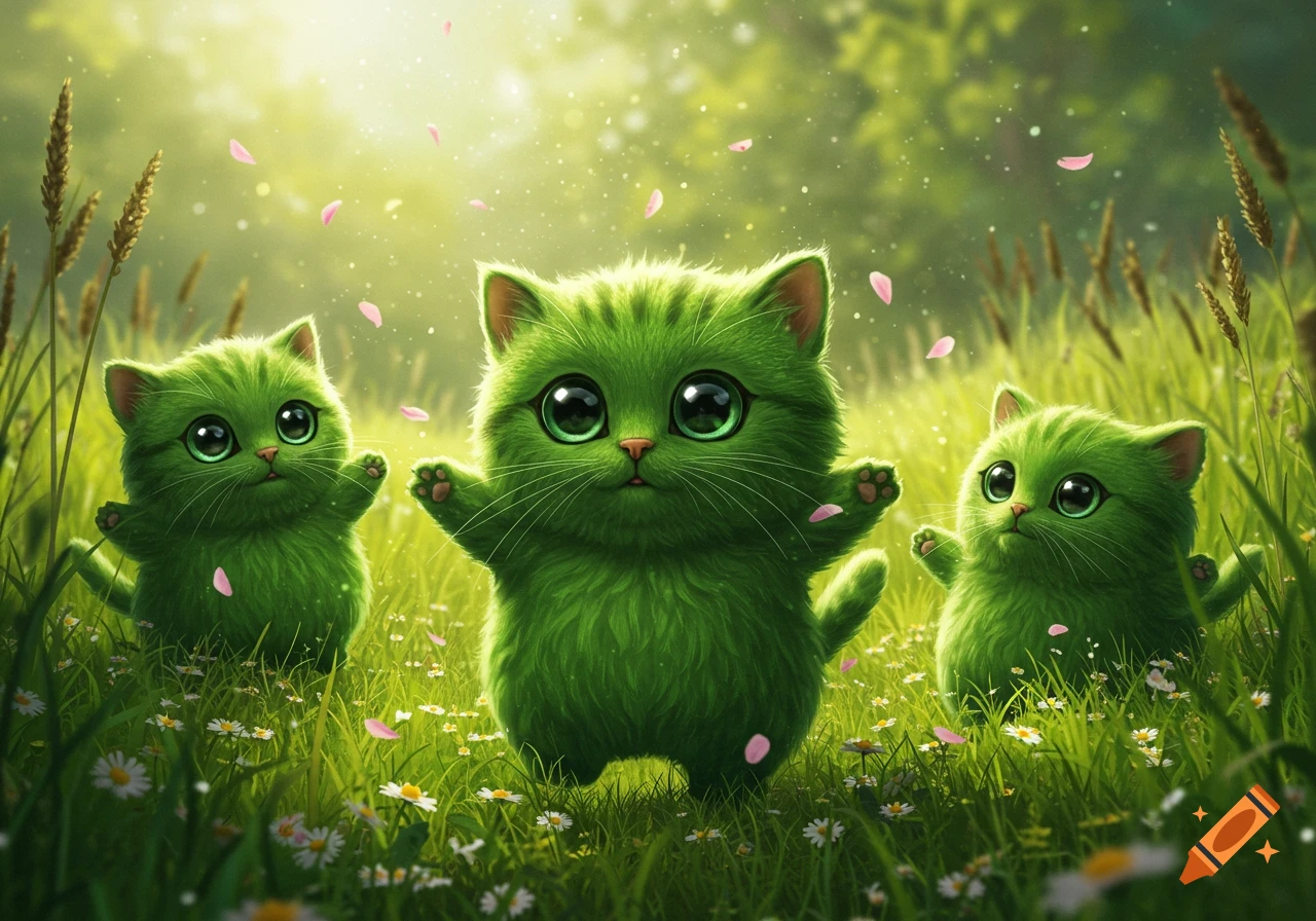 Three cute green fluffy cat creatures with big eyes stand in a sunlit field with flowers and pink petals.