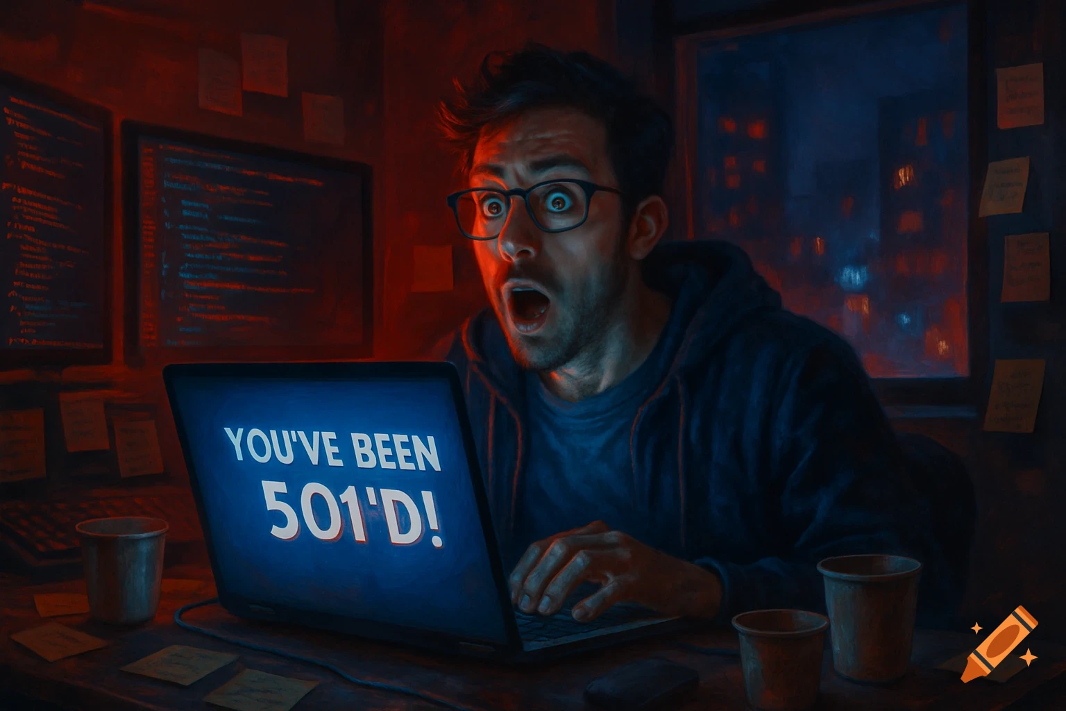 A shocked man in glasses stares at a laptop screen in a dark room displaying 'YOU'VE BEEN 501'D!'