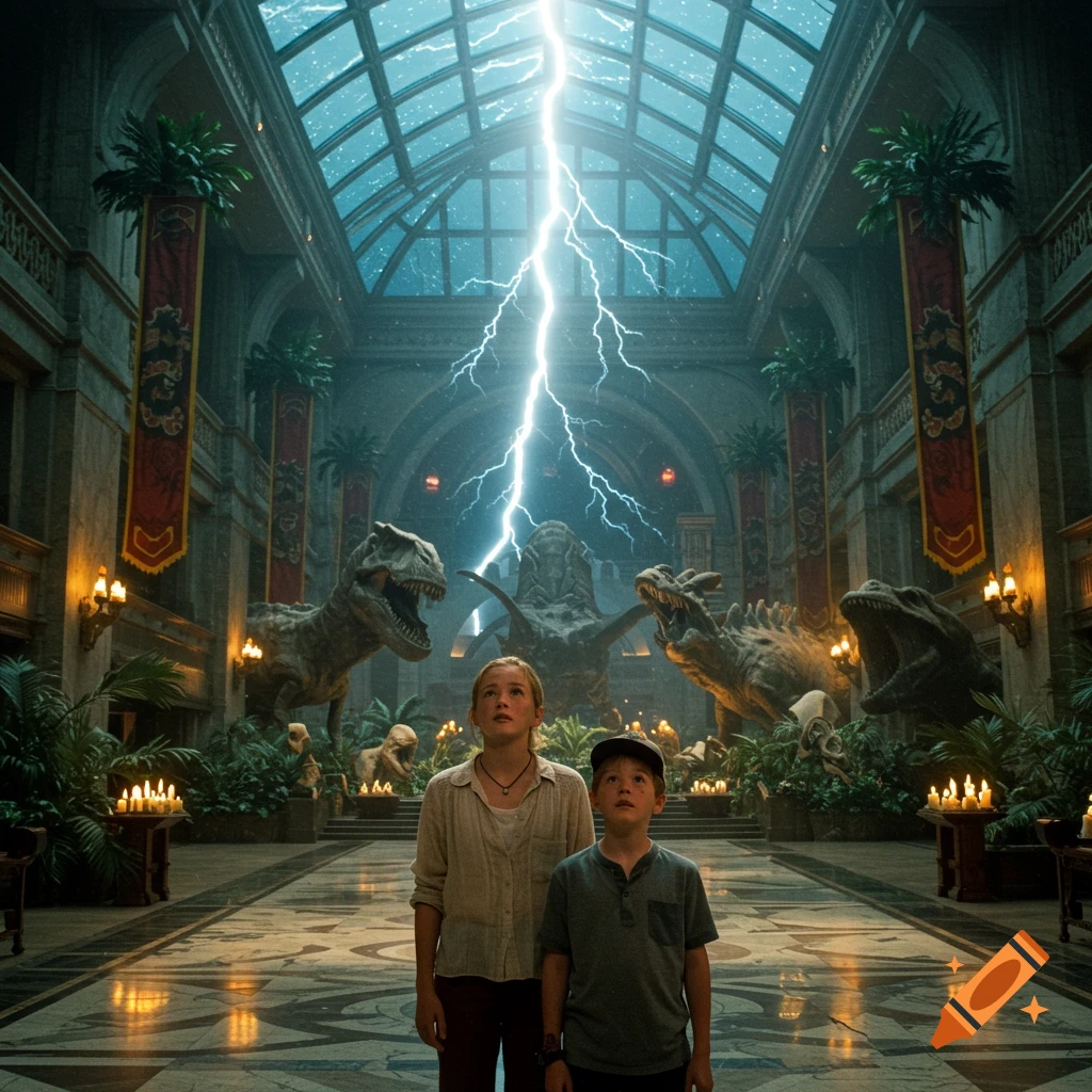 Photorealistic image of two children looking up in a grand hall with dinosaur statues and a bright lightning bolt striking from the glass ceiling.