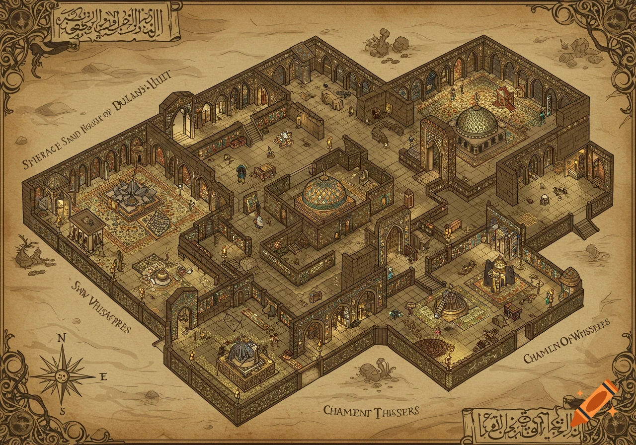 An isometric map of a fantasy Persian dungeon, showing various rooms, corridors, and ornate details in a brownish-gold color palette.