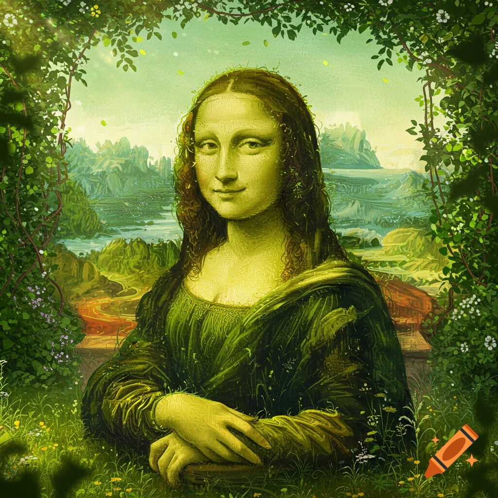 A green, grass-textured Mona Lisa portrait, framed by lush foliage and surrounded by a verdant, natural landscape.
