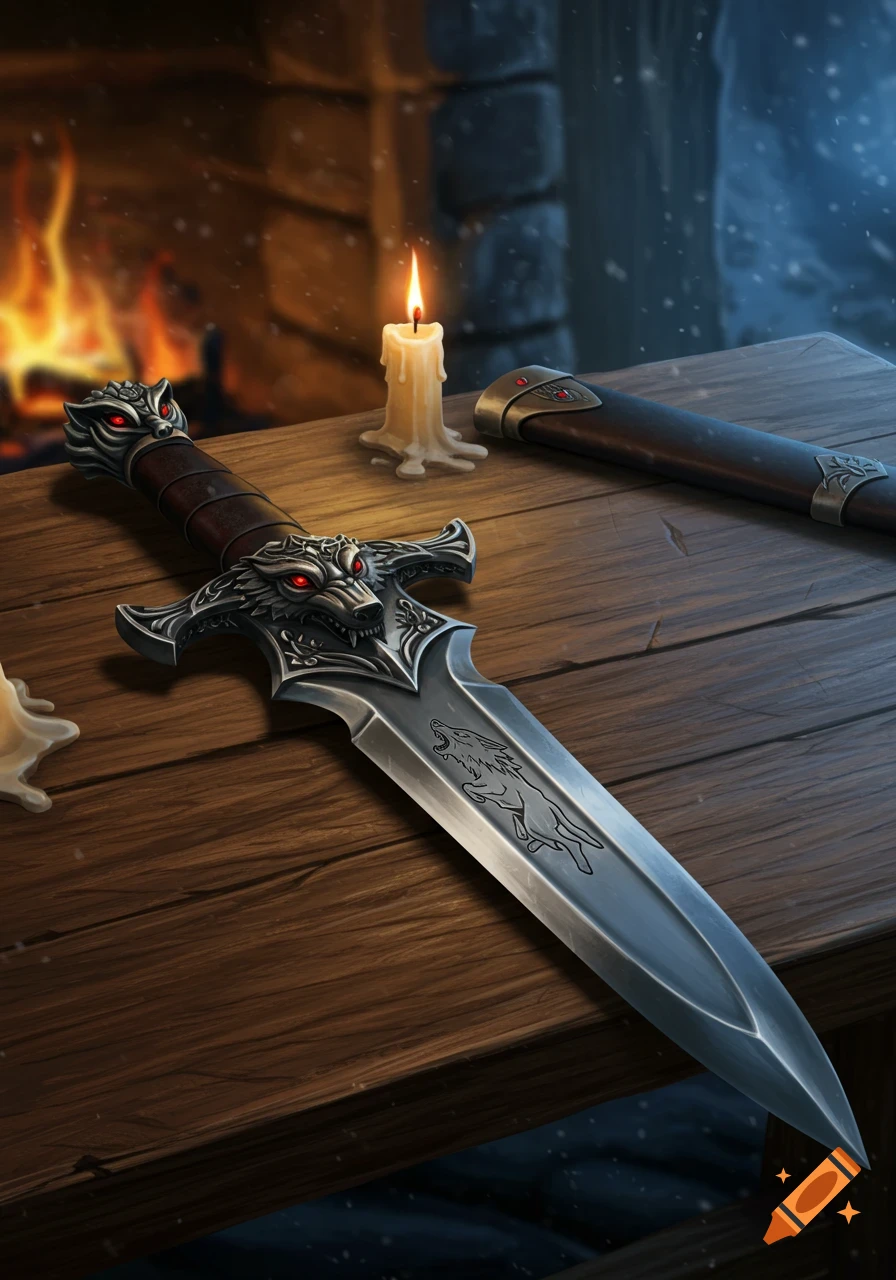A detailed shortsword with a wolf's head hilt and red eyes lies on a wooden table, with a lit candle and fireplace in the background.