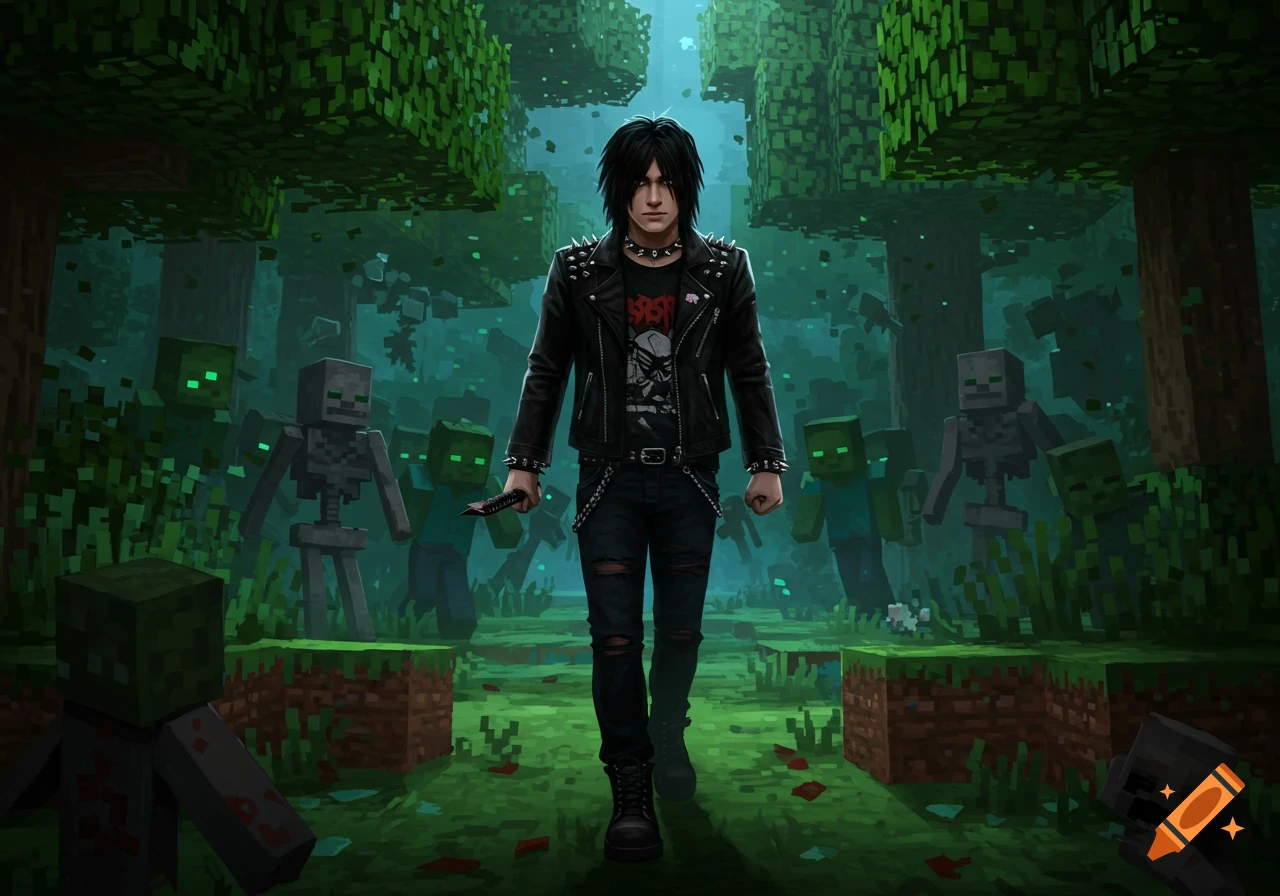 A man in emo attire walks through a blocky Minecraft forest, surrounded by pixelated zombies and skeletons.