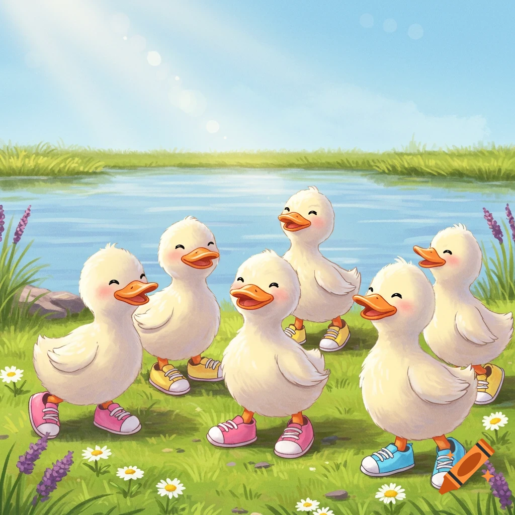 Six cute cartoon ducks in colorful running shoes laughing by a sunny lake with green grass and wildflowers.