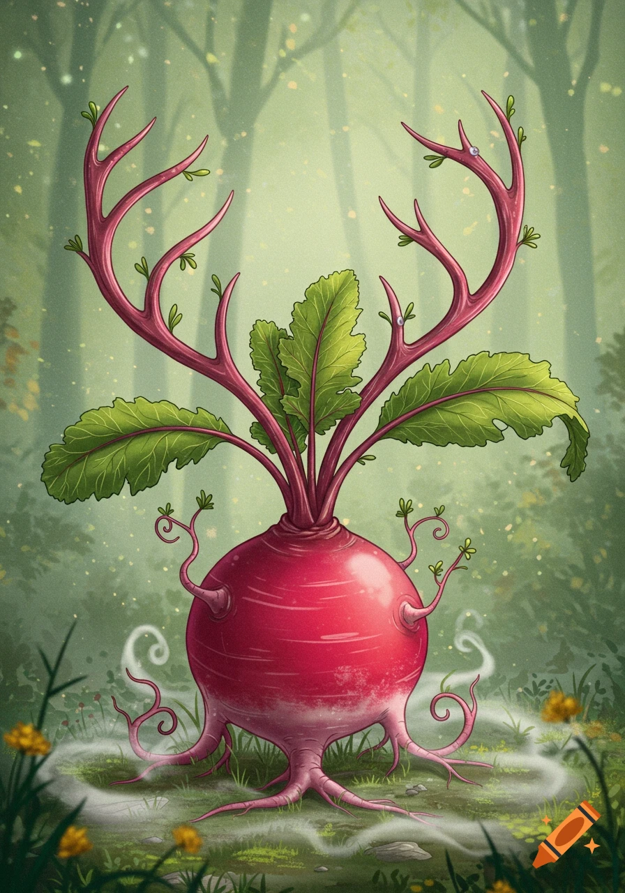 A fantasy illustration of a large red radish with green leaves and pink antler-like branches, standing in a mystical forest.