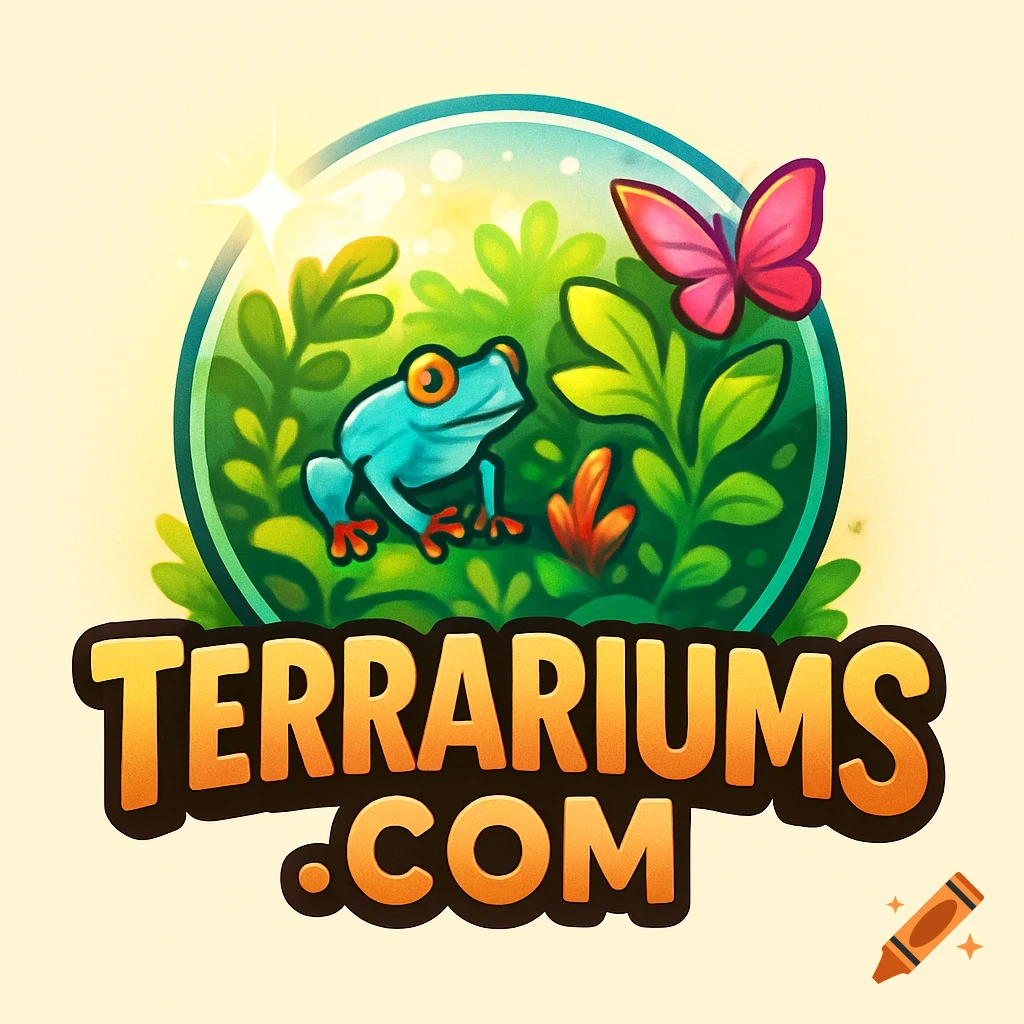 A colorful cartoon logo for terrariums.com featuring a blue frog and pink butterfly inside a glass terrarium.