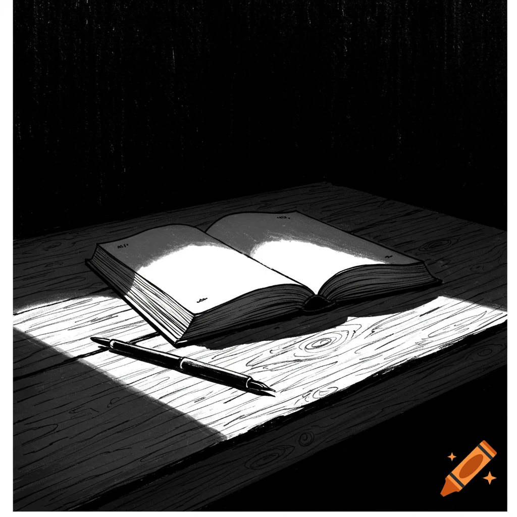 A black and white drawing of an open book and a pen on a wooden desk, illuminated by a rectangular beam of light.