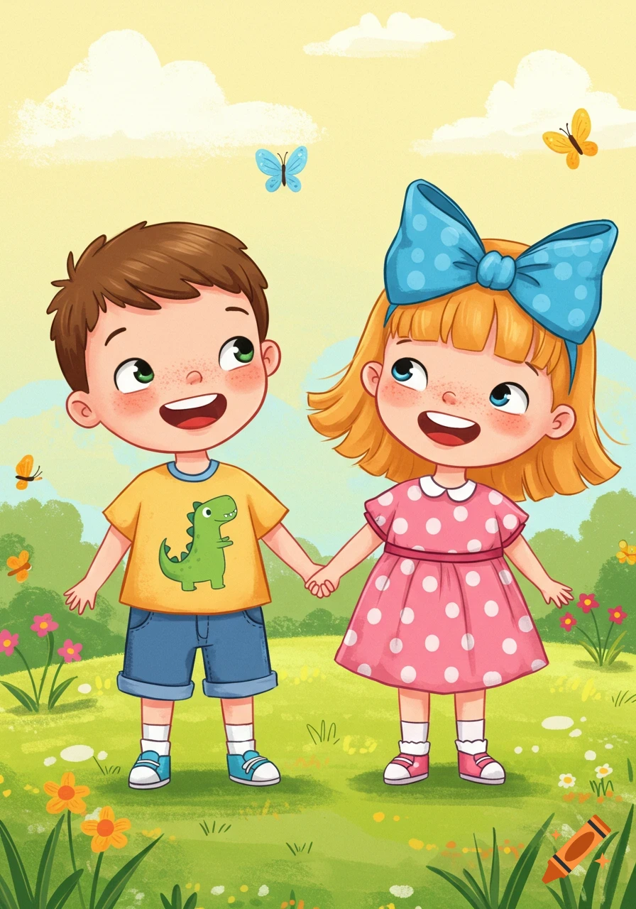 A cartoon illustration of a happy boy and girl holding hands in a grassy field with flowers and butterflies.
