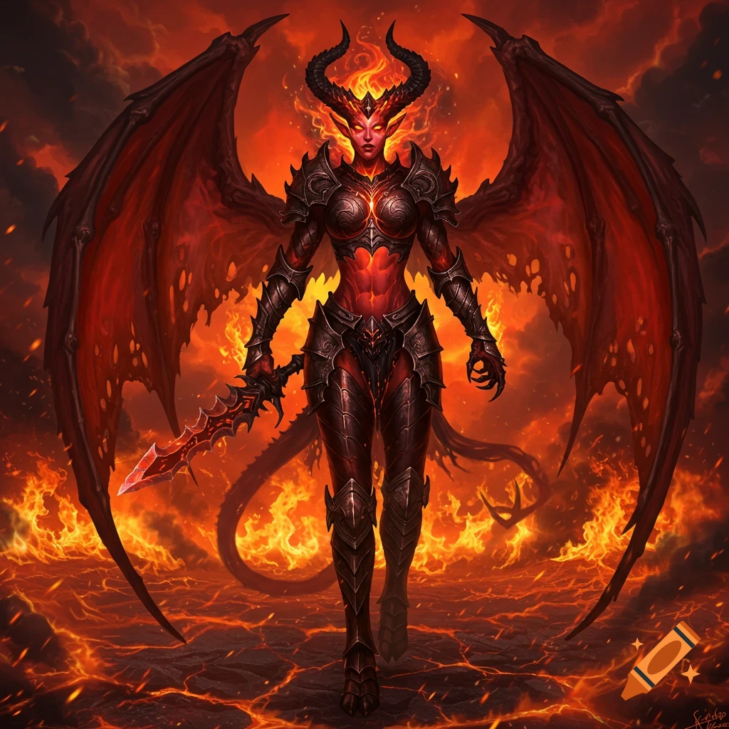 A formidable red-skinned female demon in dark armor with large wings and horns stands on fiery ground, holding a glowing sword.