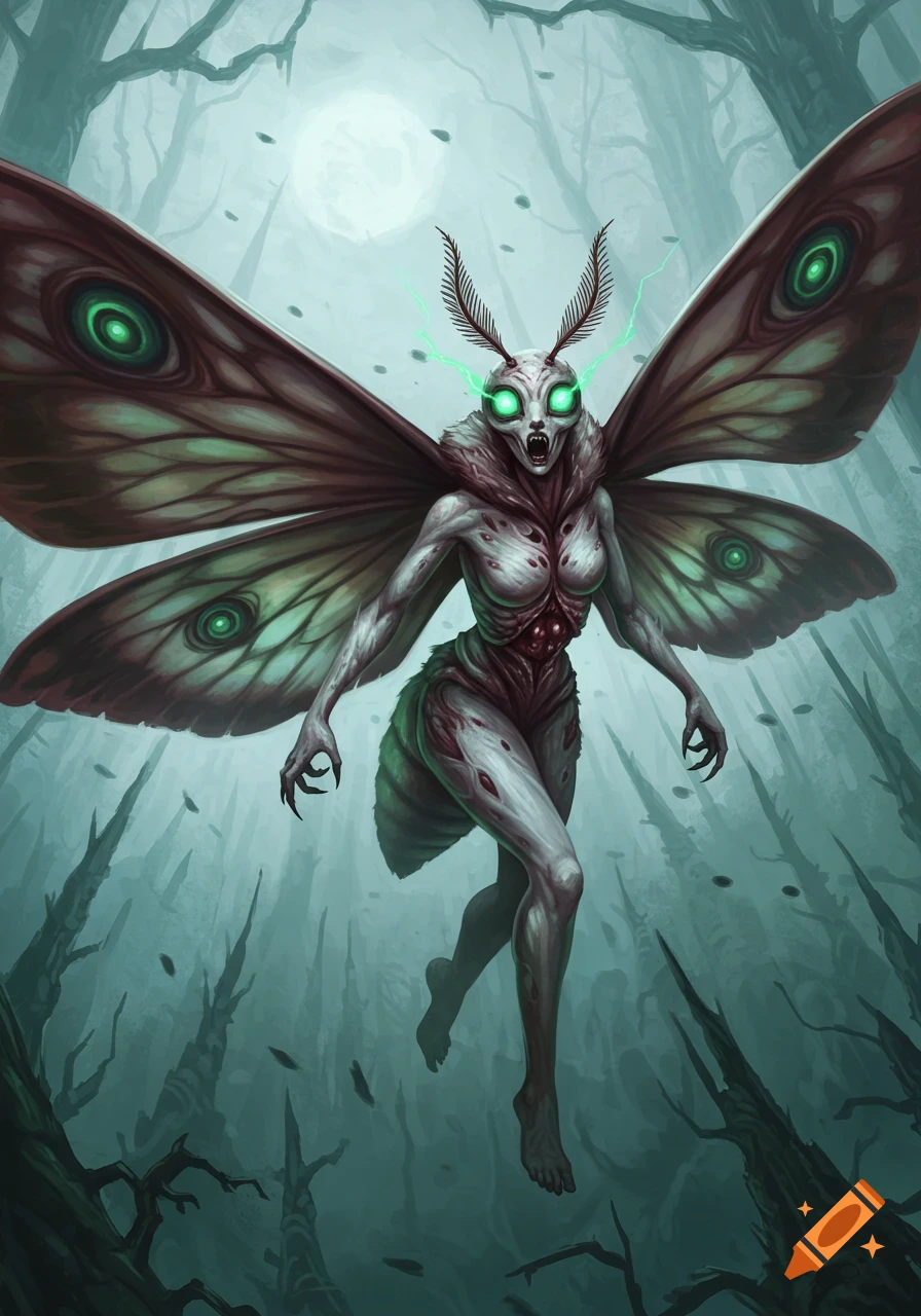 A monstrous moth-human hybrid with large wings, glowing green eyes, and exposed skeletal features floats in a dark, misty forest.