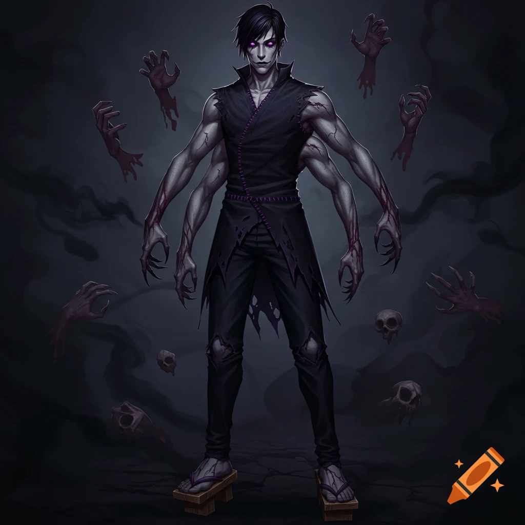 A multi-armed male villain with purple eyes and dark attire stands surrounded by floating torn limbs and skulls.