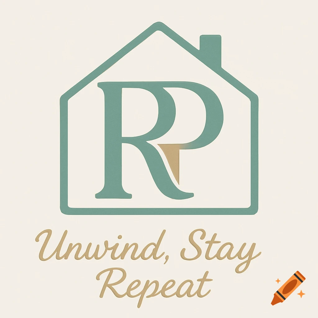 A logo featuring a green house silhouette with initial R P inside and the tagline Unwind, Stay Repeat below.