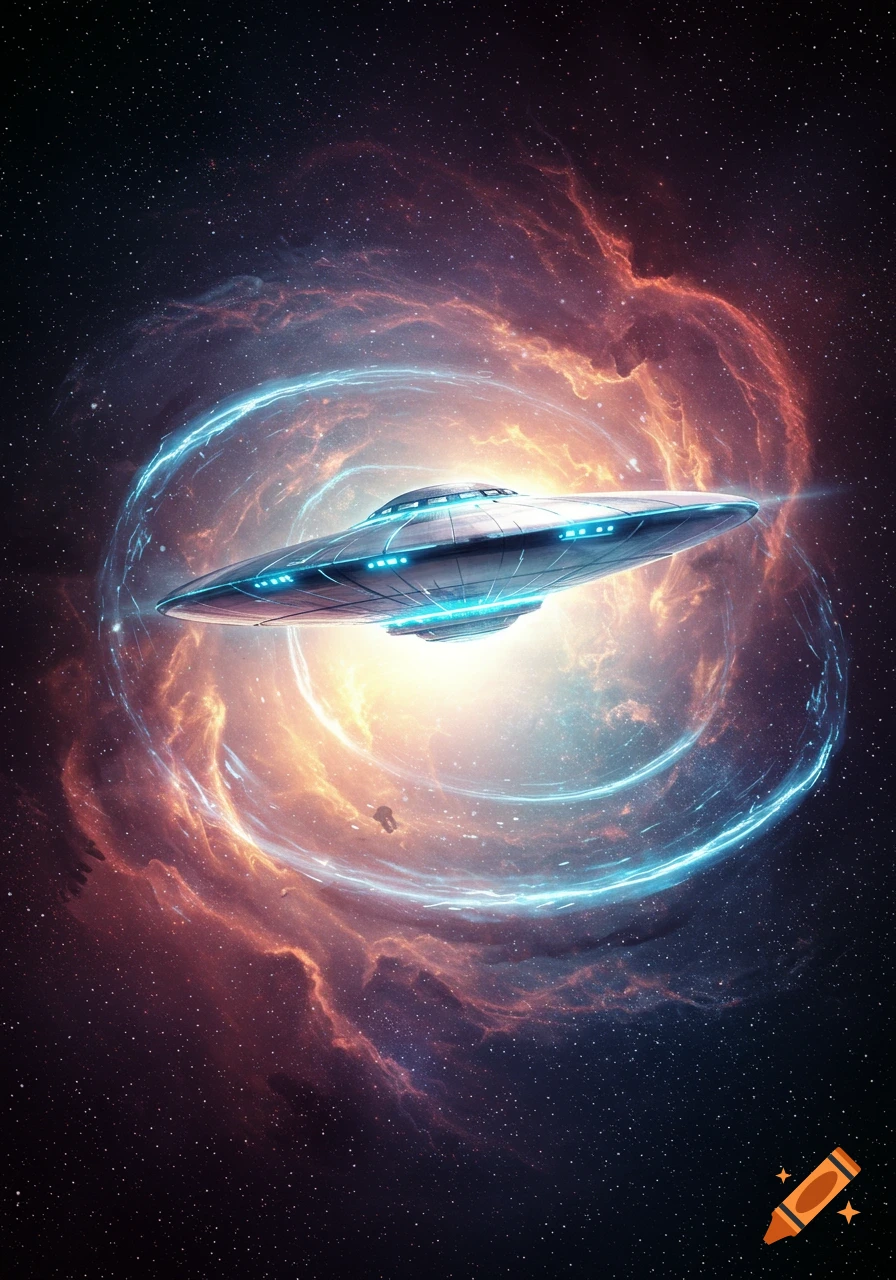 A silver UFO with glowing blue lights flies through a vibrant space nebula with a blue energy ring.