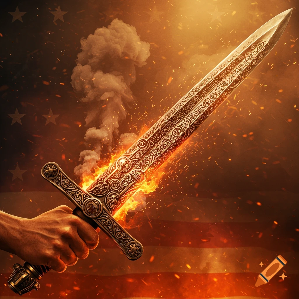 A detailed hand clutches an ornate, flaming sword against a smoky background with an American flag's stars and stripes.