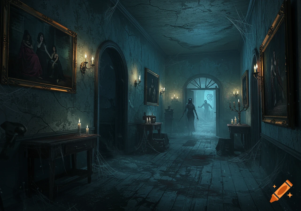 A dark, decaying haunted mansion hallway illuminated by candles, with cobwebs and shadowy figures emerging from an archway in the distance.