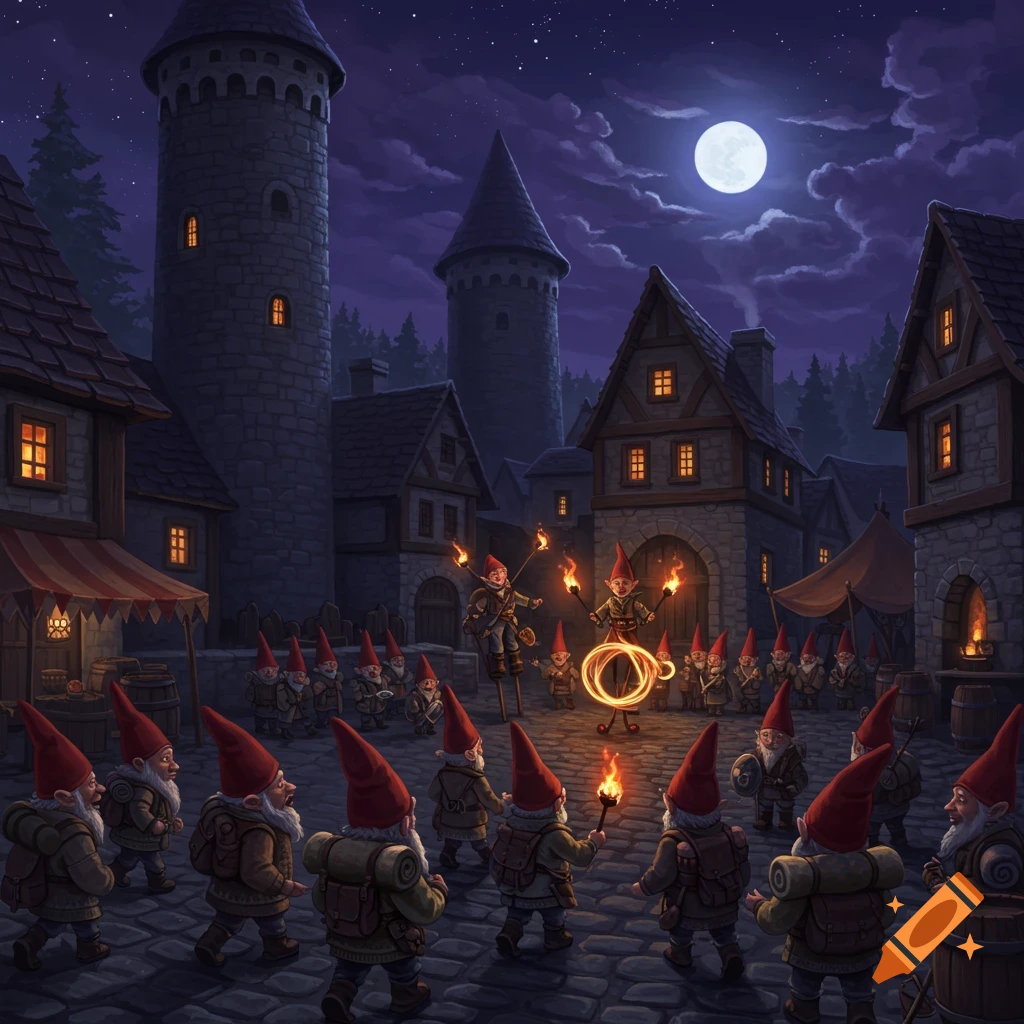 Gnomes walk towards a fire dance performance by gnomes on stilts in a medieval town at night under a full moon.