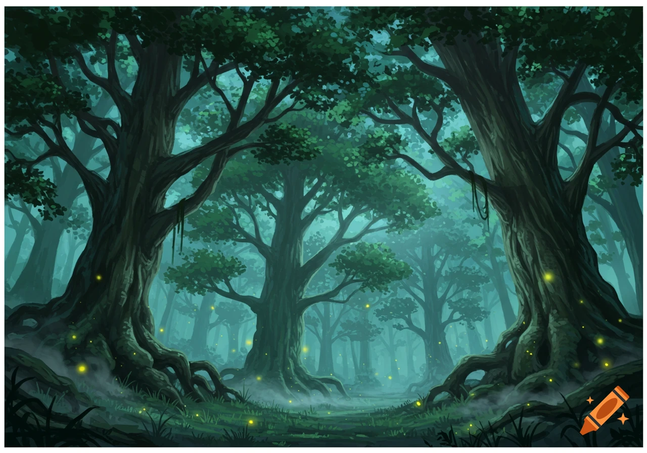 An enchanting, mystical forest with ancient trees, glowing fireflies, and misty ground, rendered in a painterly style.