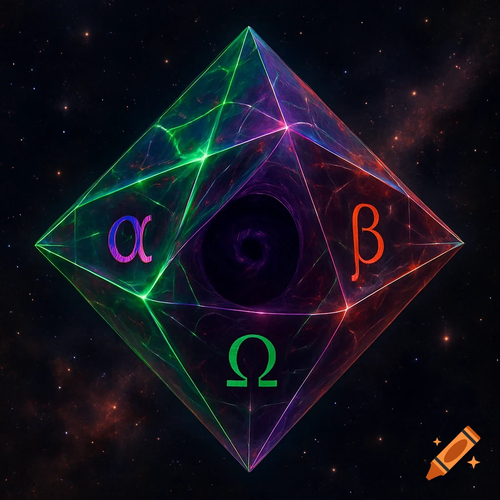 A glowing, multi-colored geometric octahedron with Greek letters (alpha, beta, omega) on its faces, set against a starry cosmic background.