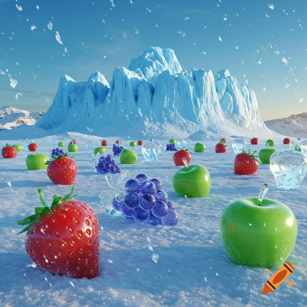 A vast snowy landscape featuring strawberries, green apples, and grapes, some transparent like ice, scattered on the ground with a towering glacier in the background under a blue sky with falling snow.