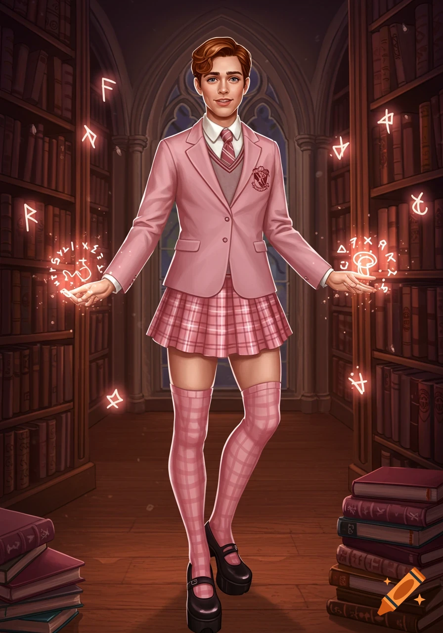 A semi-realistic digital art portrait of a young man in a pink blazer, plaid skirt, and thigh-high socks, standing in a library surrounded by glowing runes.