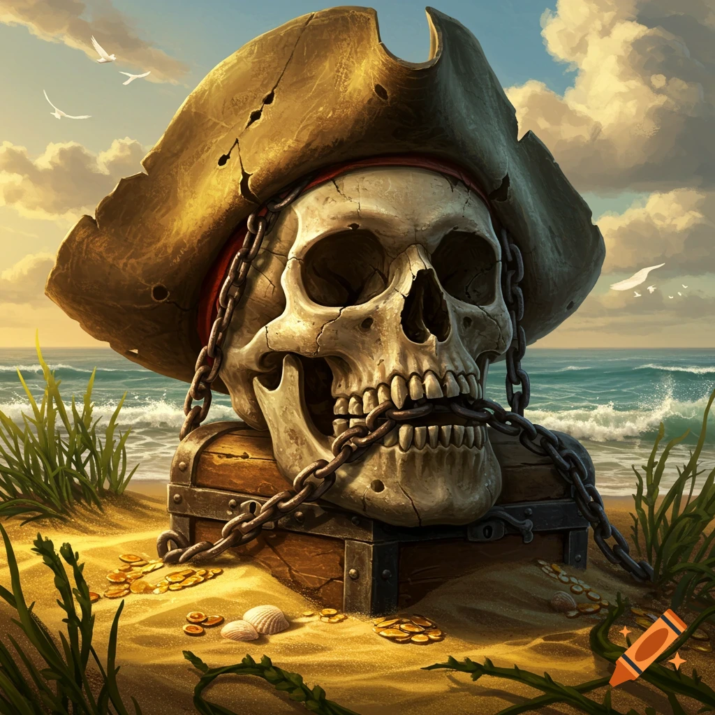 A pirate skull with chains wrapped around its mouth, resting on a treasure chest on a sandy beach at sunset, with waves in the background.
