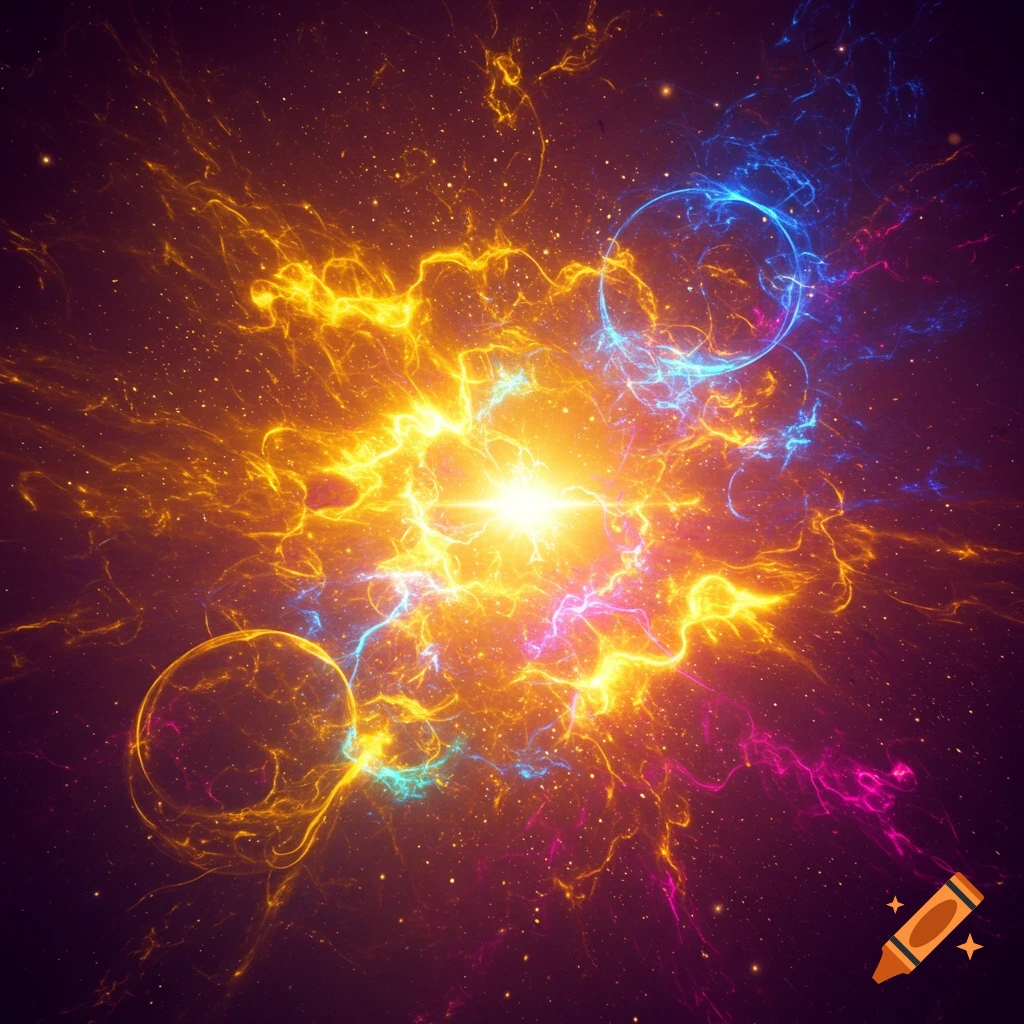 A vibrant abstract image with swirling yellow, orange, blue, and pink energy against a dark, starry background, resembling a cosmic explosion.