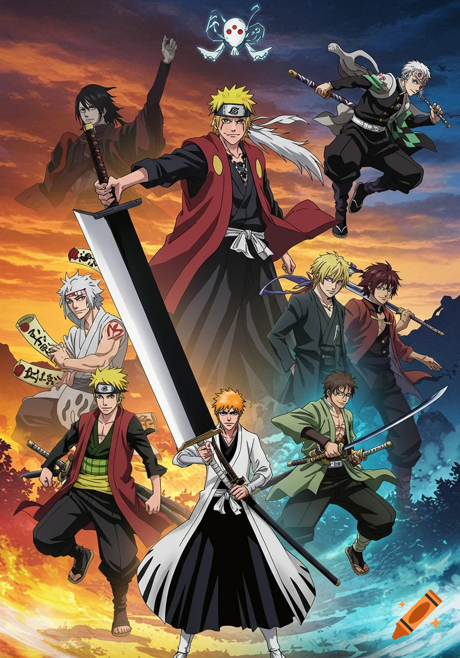 An anime-style mural featuring multiple characters with swords and other weapons against a dynamic orange and blue sky.