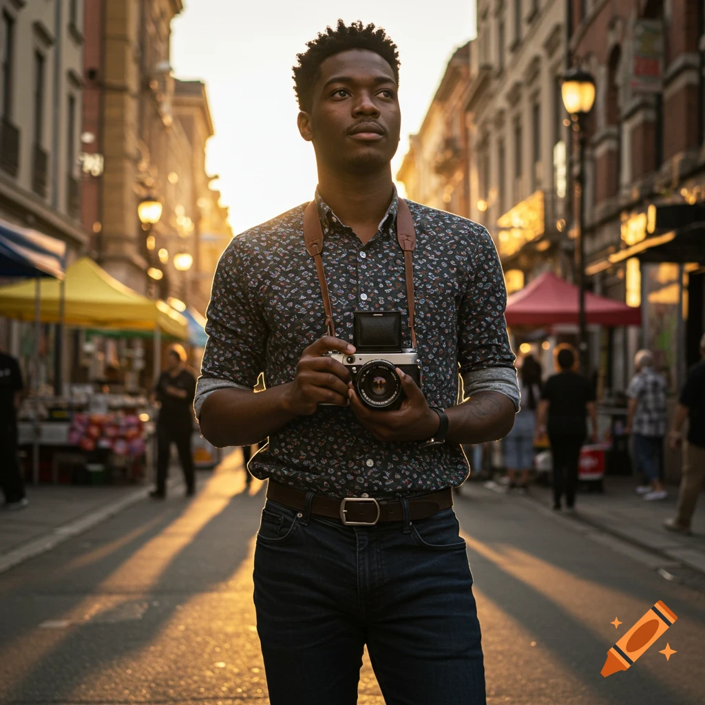 A male photographer stands in a sunlit city street, holding a vintage-style camera.