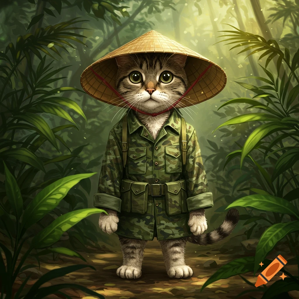 A tabby cat wearing camouflage military fatigues and a traditional conical hat stands in a lush jungle.