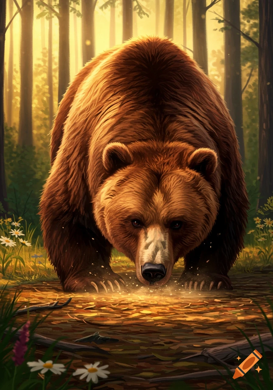 An illustration of a brown bear sniffing the ground intently in a sunlit forest.