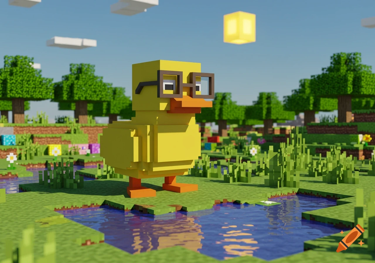 A blocky yellow duck with glasses stands by a pond in a sunny Minecraft-style world.