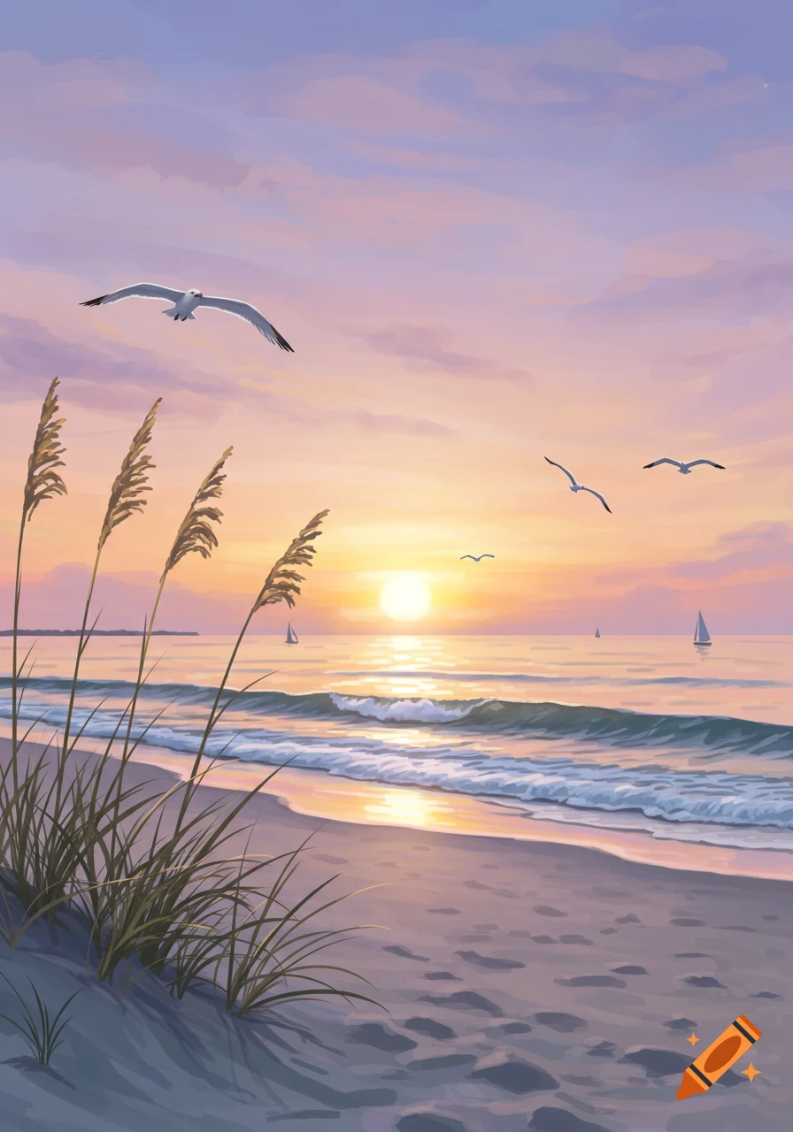 Illustrated beach scene at sunset with seagulls flying over the ocean and dune grass in the foreground.