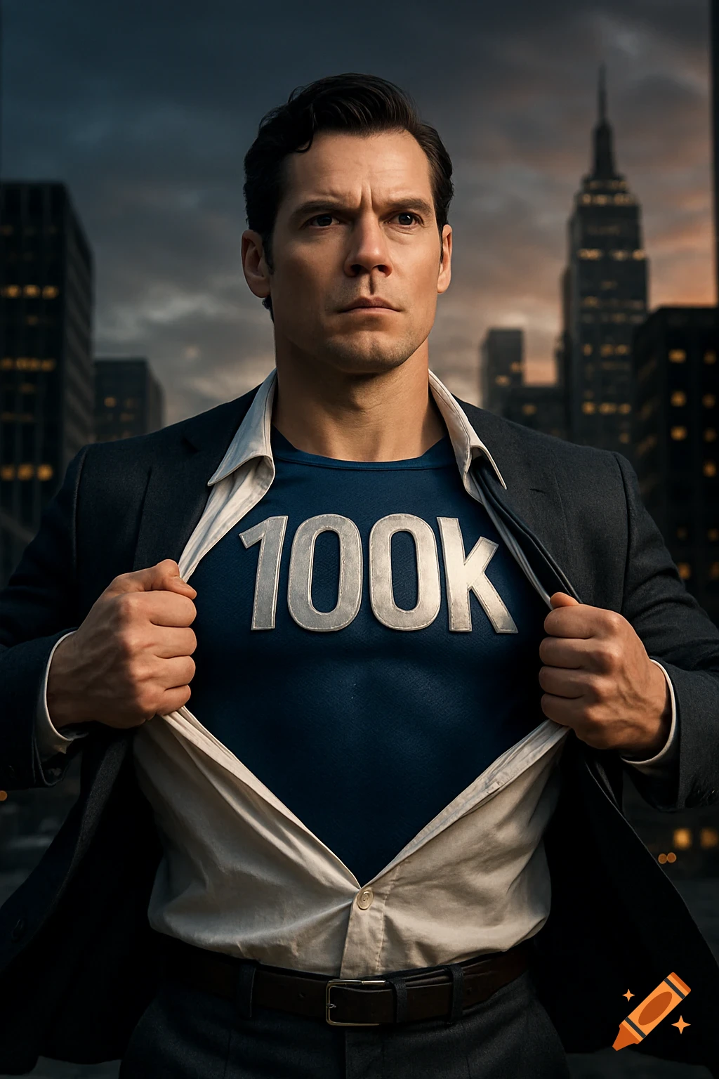 Photorealistic portrait of Henry Cavill as Superman opening his shirt to reveal a 100K logo, with a city skyline behind him.