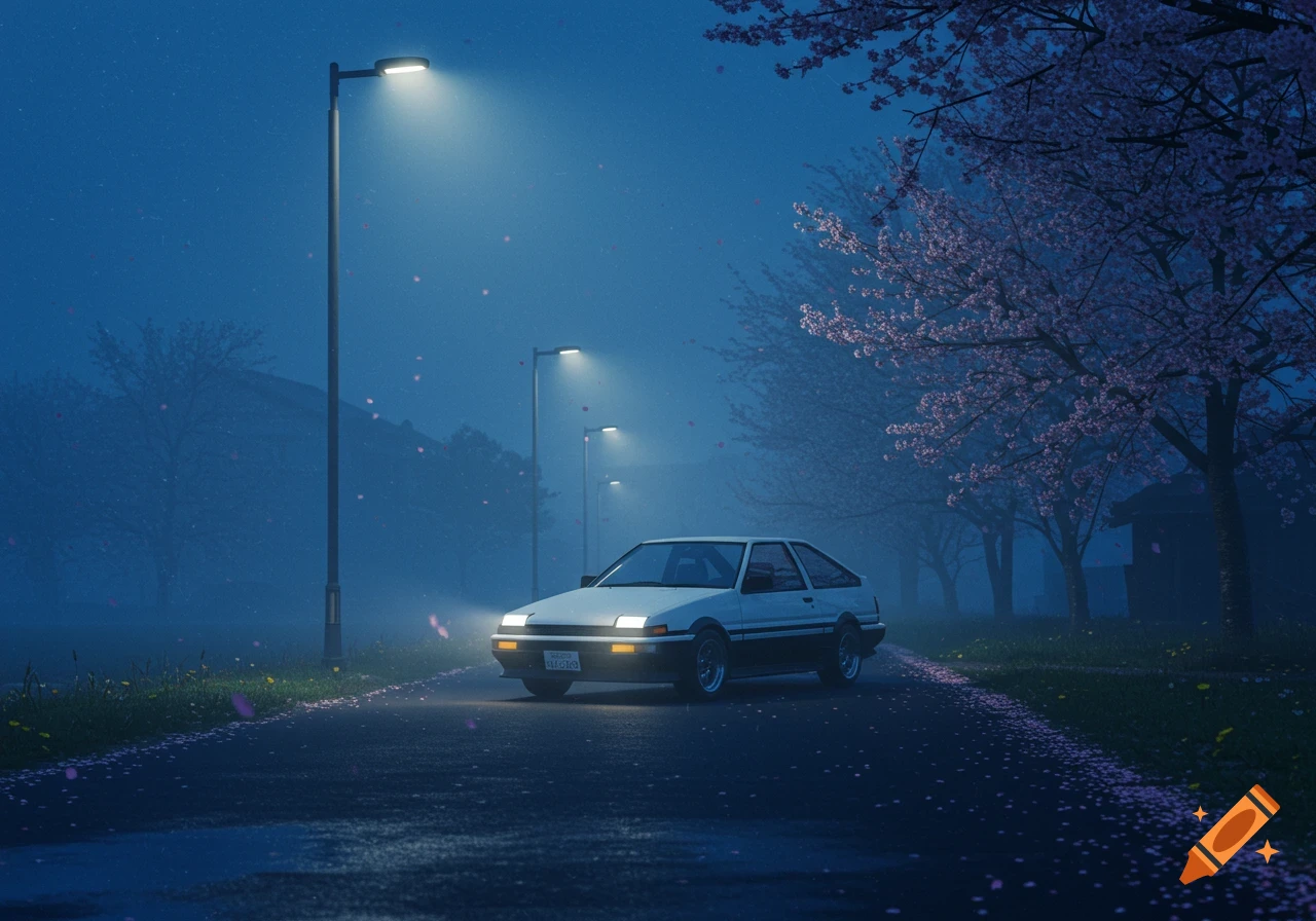 A white Toyota AE86 hatchback car is parked on a wet, dark road at blue hour, illuminated by streetlights. Pink cherry blossoms fall onto the road from trees lining the street.