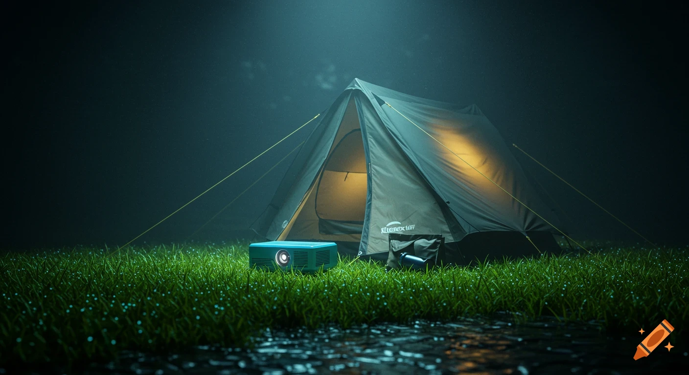 A photorealistic image of a lit tent and a projector in a dewy, grassy field at night under a dark, misty sky.