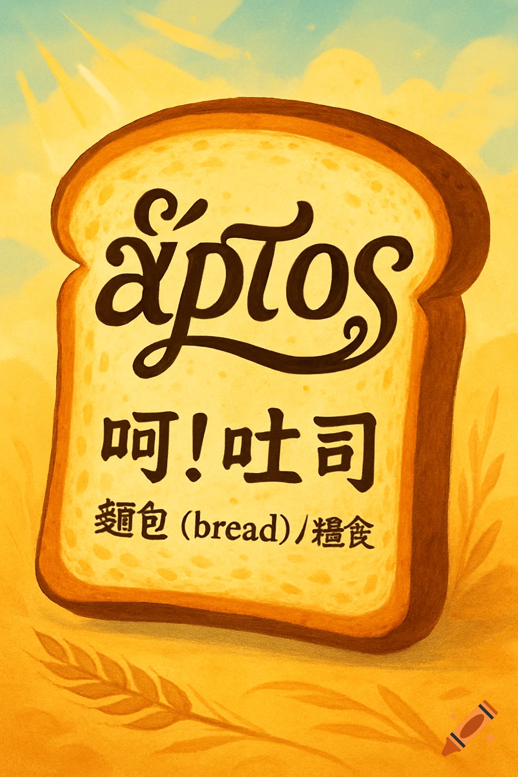 A stylized illustration of a slice of toast with various text including 'ἄρτος' and Chinese characters for bread and food.