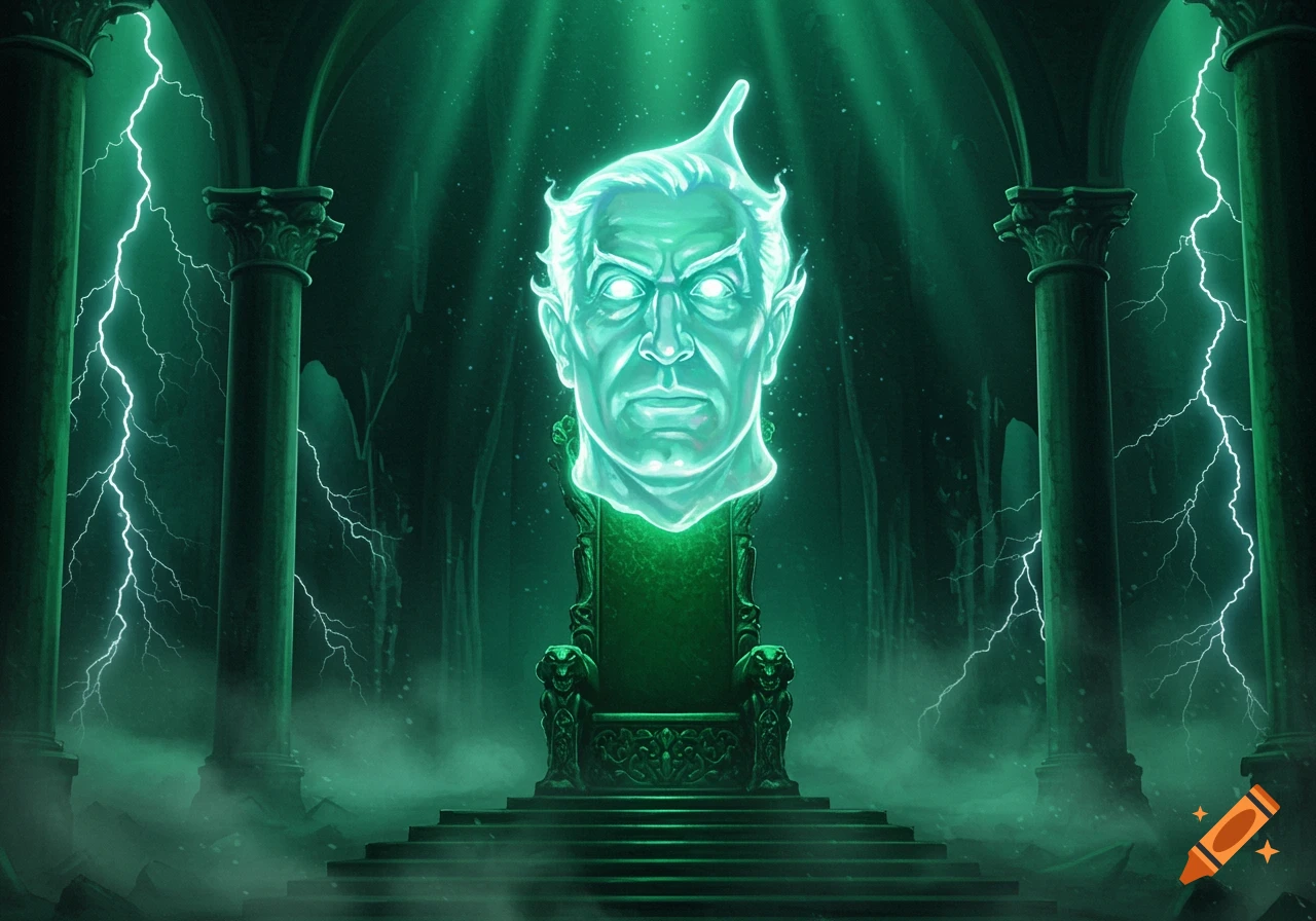 A glowing, spectral head floats above a dark throne in a ruined chamber, illuminated by green light and lightning.