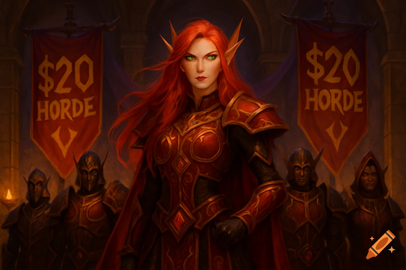 A female blood elf in red and gold armor with red hair and green eyes stands before four armored officers and two banners saying '$20 Horde'.