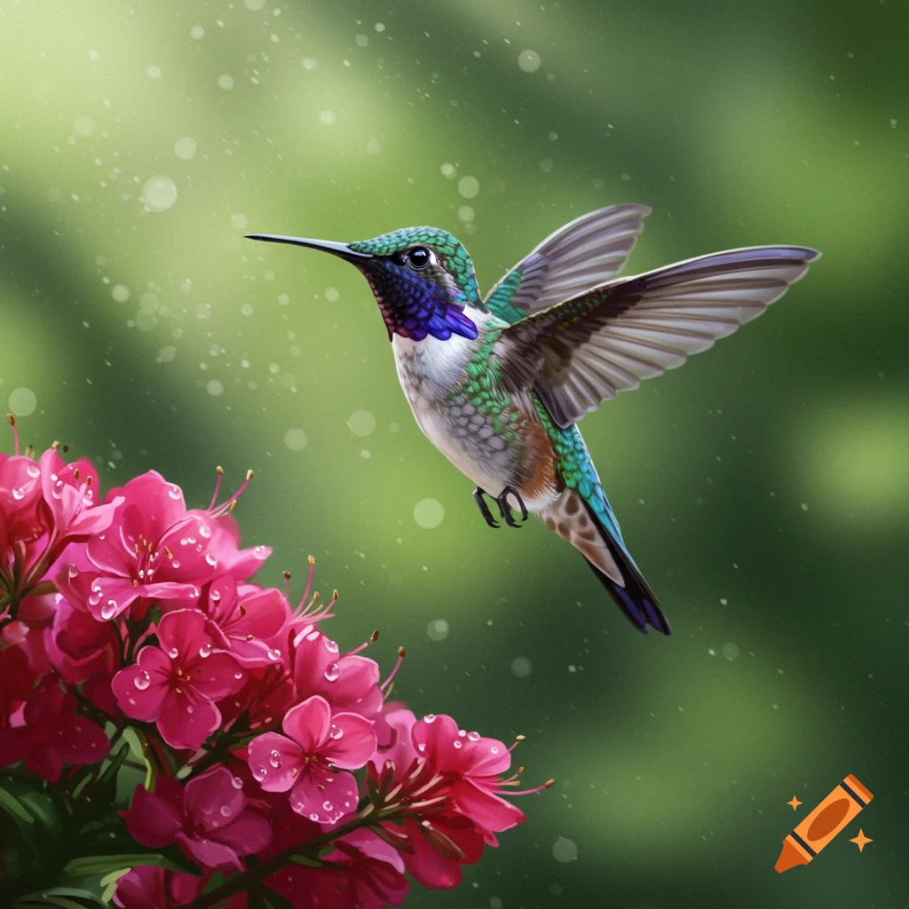 A vibrant hummingbird with green, blue, and purple feathers hovers near pink flowers with water droplets against a blurry green background.